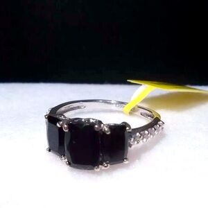 Vintage Black Jade Ring 3- Stone Platinum Over Sterling Silver Size 10 US